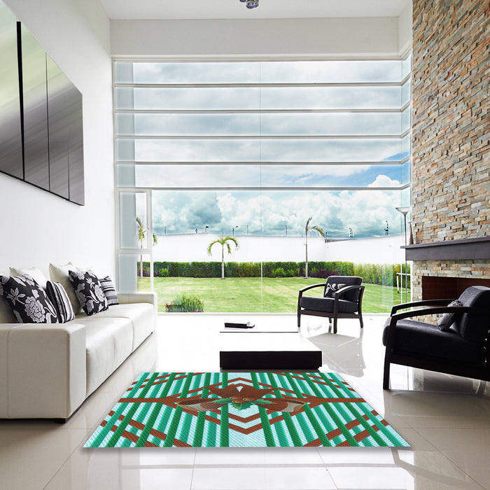 Square Patterned Turquoise Green Rug in a Living Room, pat718lblu