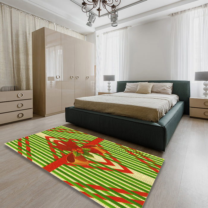 Patterned Yellow Green Rug in a Bedroom, pat718yw
