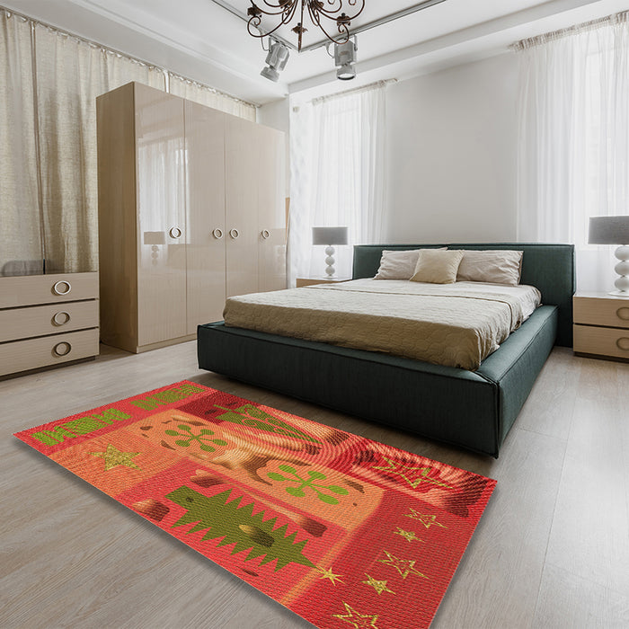 Patterned Neon Red Rug in a Bedroom, pat727org