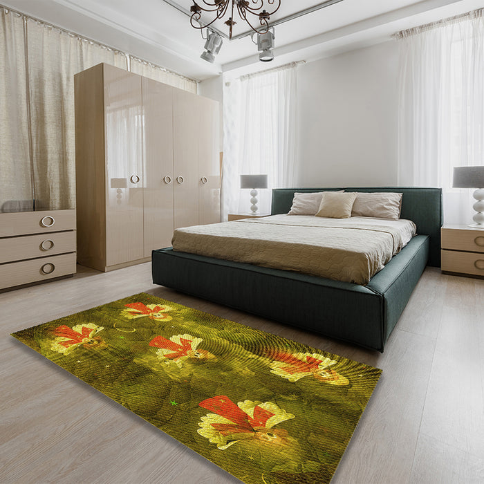 Patterned Dark Bronze Brown Rug in a Bedroom, pat730yw