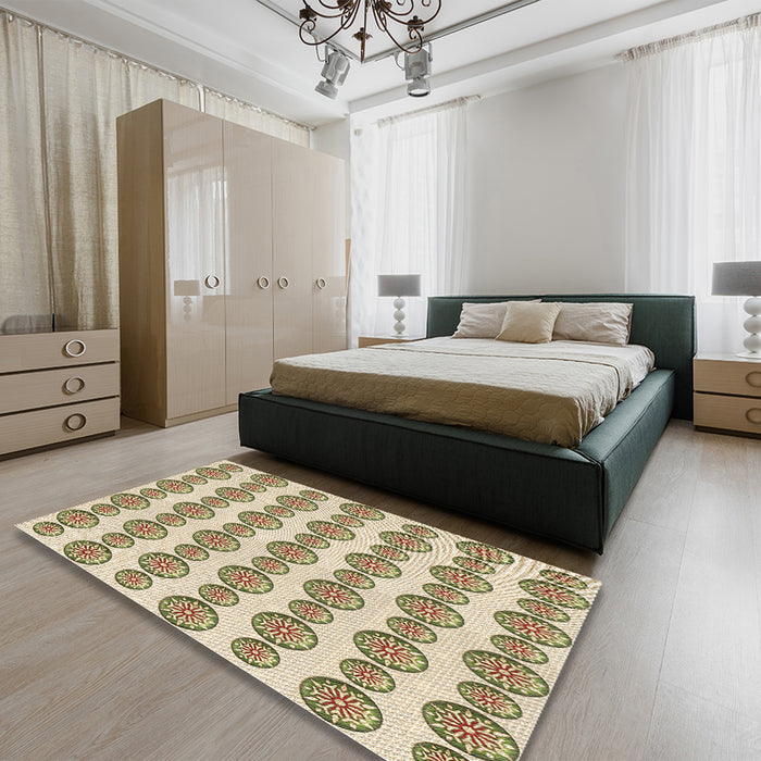 Patterned Khaki Gold Rug in a Bedroom, pat735brn