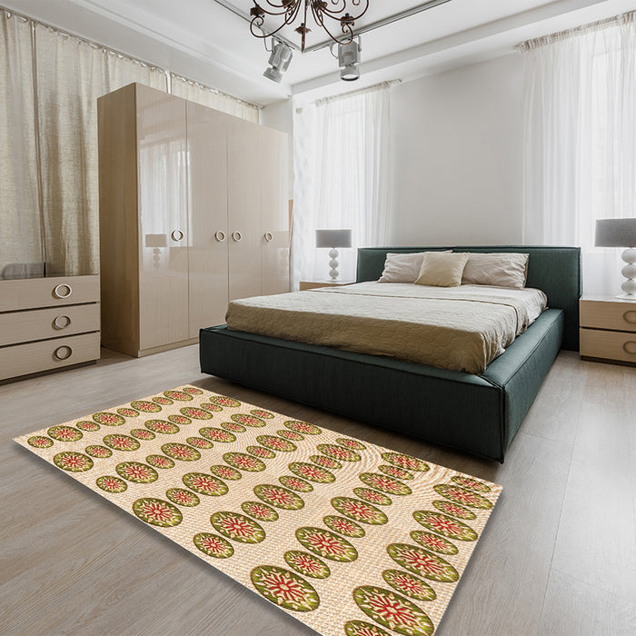 Patterned Khaki Gold Rug in a Bedroom, pat735org