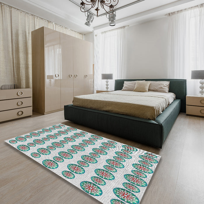Patterned Grayish Turquoise Green Novelty Rug in a Bedroom, pat735
