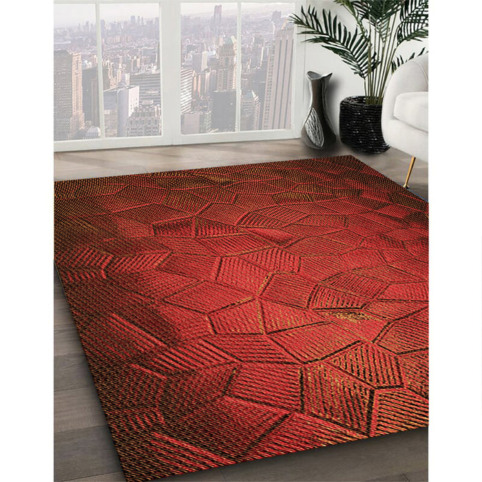 Patterned Tomato Red Rug in Family Room, pat738org