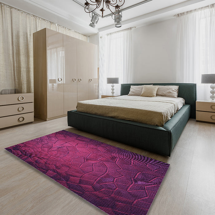 Patterned Medium Violet Red Pink Rug in a Bedroom, pat738pur