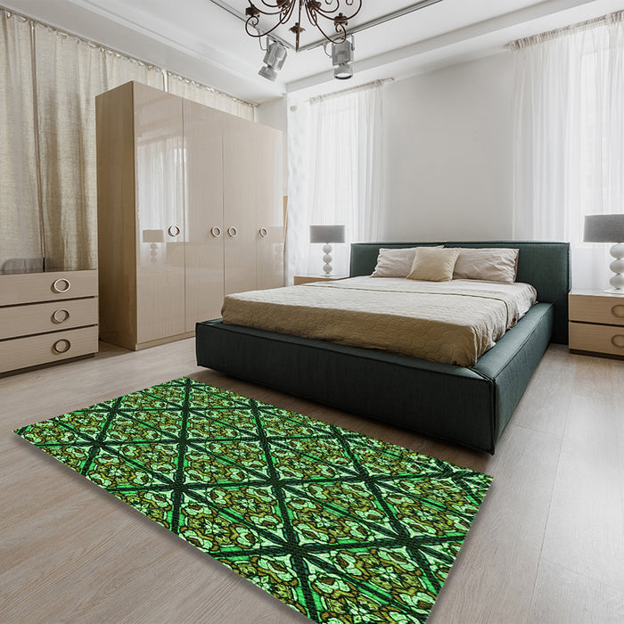 Patterned Dark Forest Green Rug in a Bedroom, pat740grn