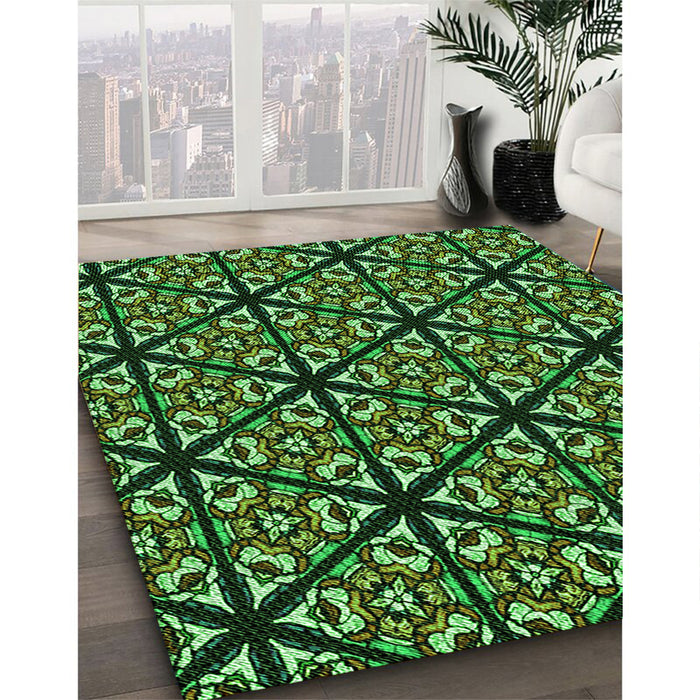 Patterned Dark Forest Green Rug in Family Room, pat740grn