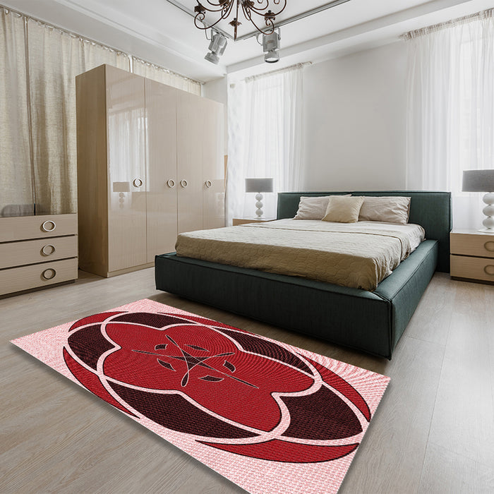 Patterned Tomato Red Rug in a Bedroom, pat741rd