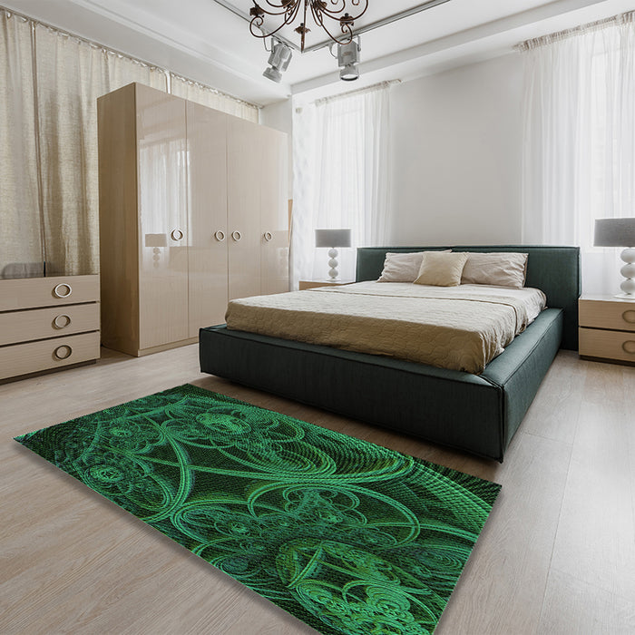 Patterned Dark Forest Green Rug in a Bedroom, pat742grn