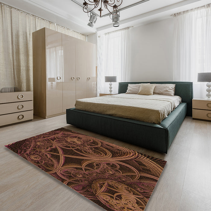 Patterned Mahogany Brown Rug in a Bedroom, pat742org