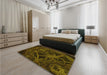 Patterned Dark Yellow Green Rug in a Bedroom, pat742yw