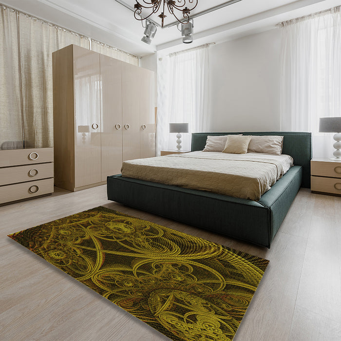 Patterned Dark Yellow Green Rug in a Bedroom, pat742yw