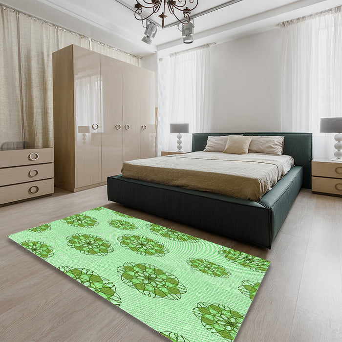 Patterned Green Rug in a Bedroom, pat744grn
