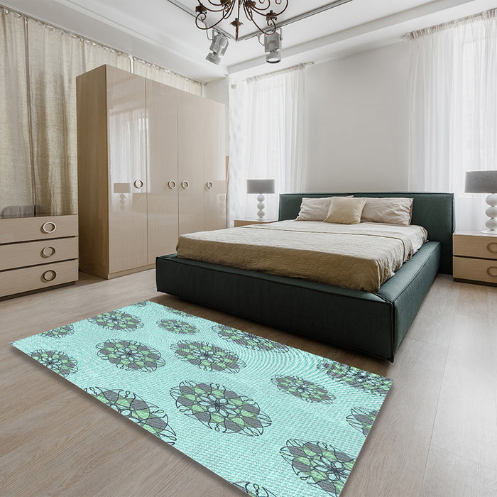 Patterned Light Aquamarine Green Rug in a Bedroom, pat744lblu