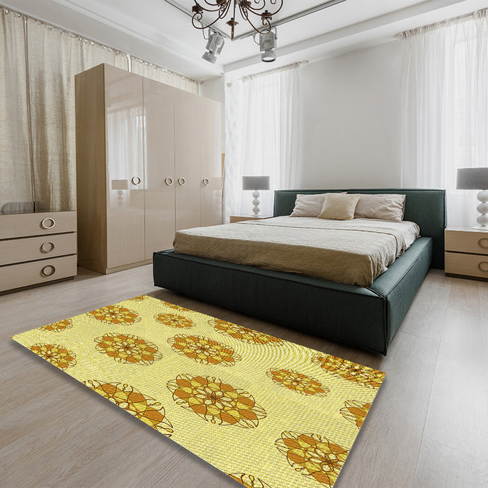 Patterned Caramel Brown Rug in a Bedroom, pat744yw