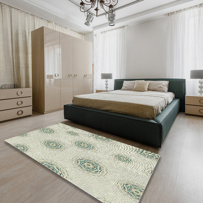 Patterned Light Yellow Beige Novelty Rug in a Bedroom, pat747