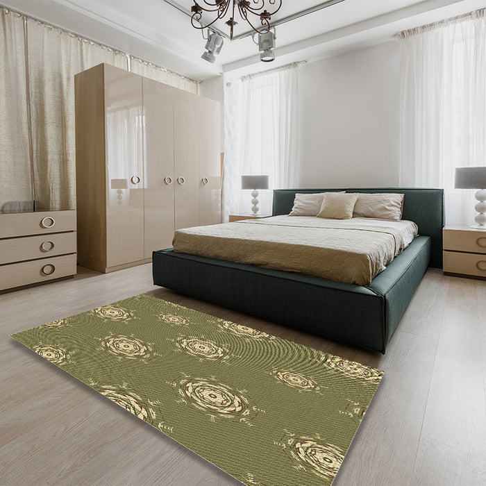 Patterned Brass Green Rug in a Bedroom, pat748brn