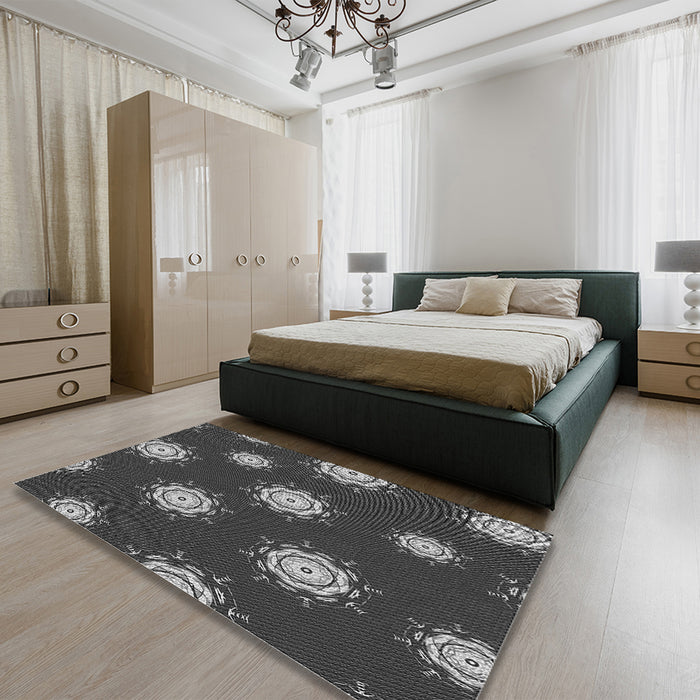 Patterned Charcoal Black Rug in a Bedroom, pat749gry