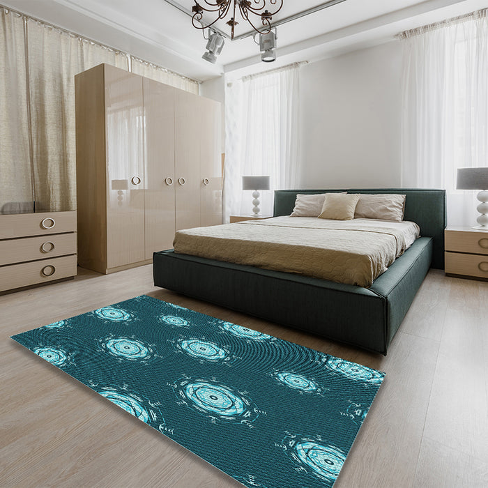 Patterned Medium Teal Green Rug in a Bedroom, pat749lblu