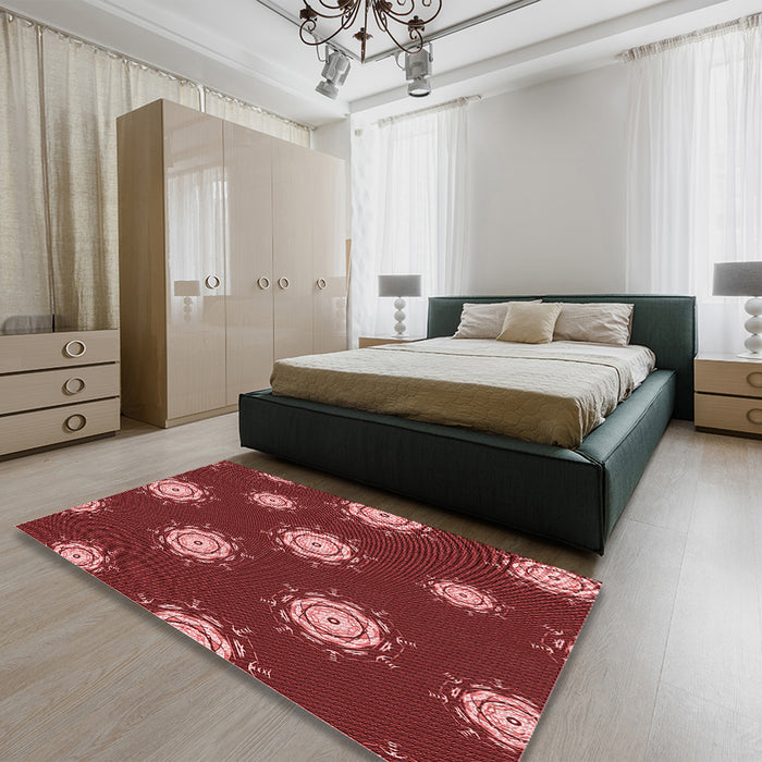 Patterned Cranberry Red Rug in a Bedroom, pat749rd