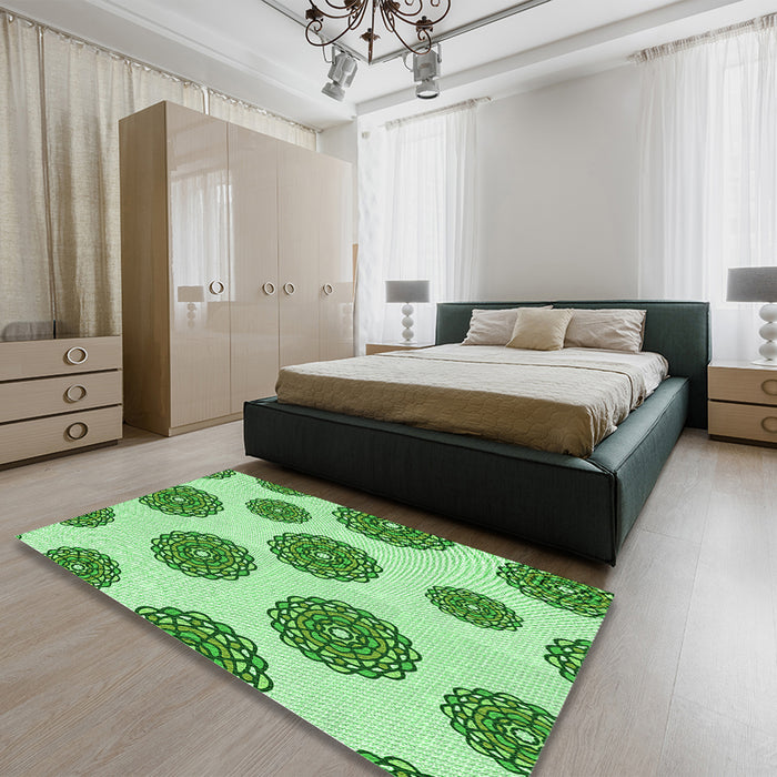 Patterned Dark Lime Green Rug in a Bedroom, pat750grn
