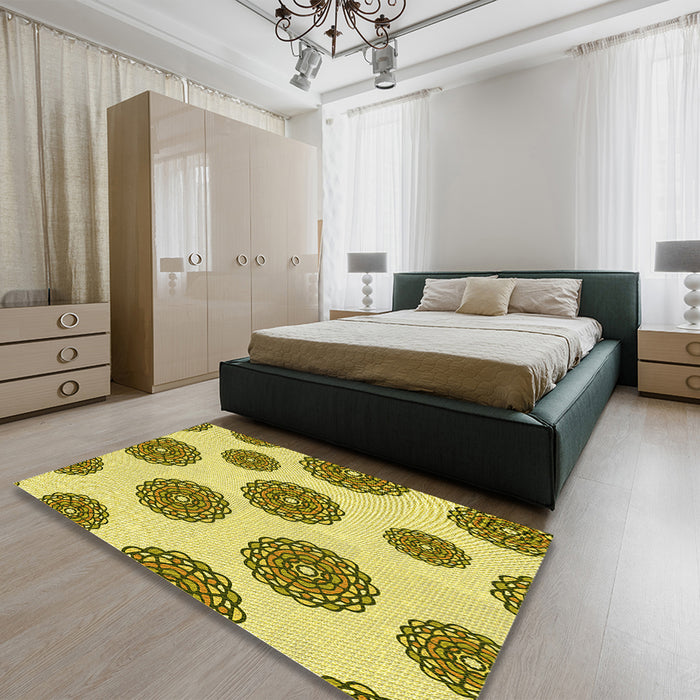 Patterned Dark Yellow Green Rug in a Bedroom, pat750yw
