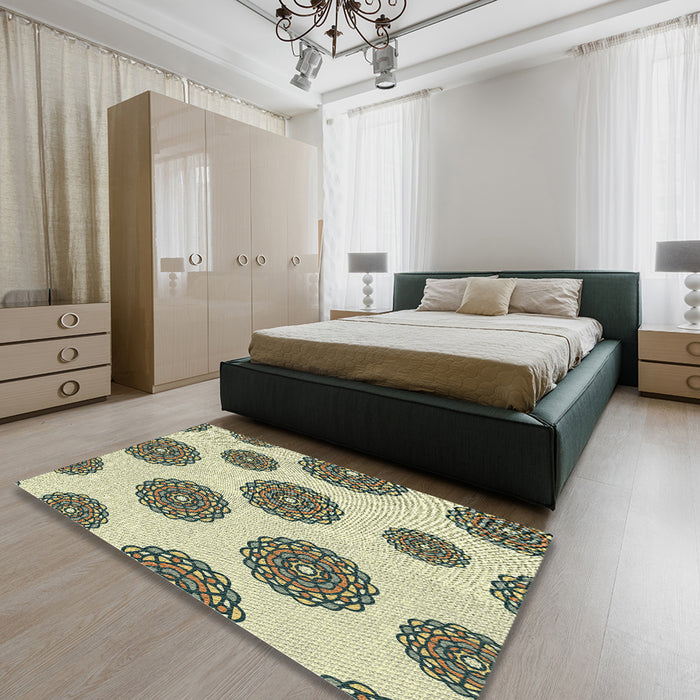 Patterned Khaki Gold Novelty Rug in a Bedroom, pat750