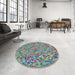 Round Machine Washable Transitional Blue Green Rug in a Office, wshpat75