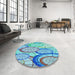 Round Patterned Glacial Blue Ice Blue Rug in a Office, pat768lblu