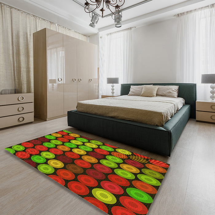Patterned Tomato Red Rug in a Bedroom, pat770yw