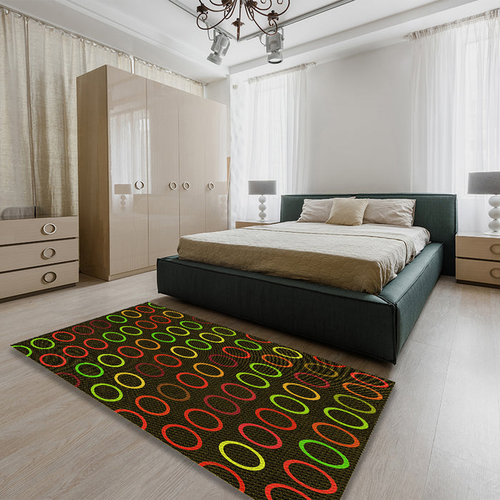 Patterned Black Brown Rug in a Bedroom, pat771yw