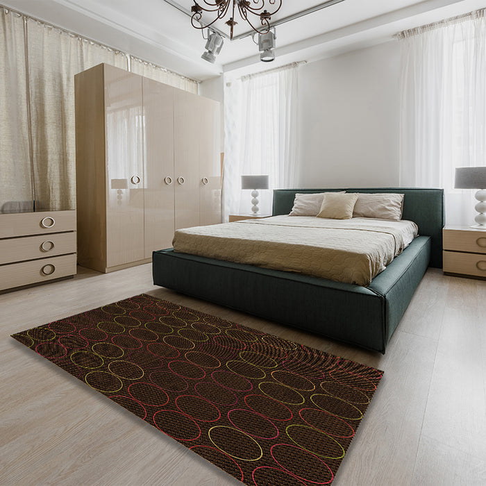 Patterned Black Brown Rug in a Bedroom, pat772org