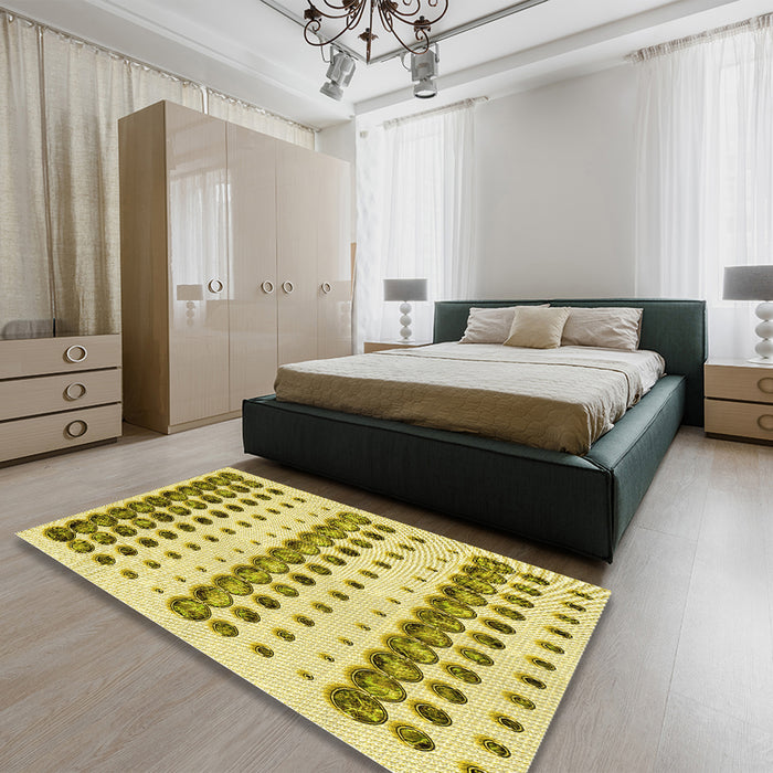 Patterned Dark Golden Brown Rug in a Bedroom, pat773yw