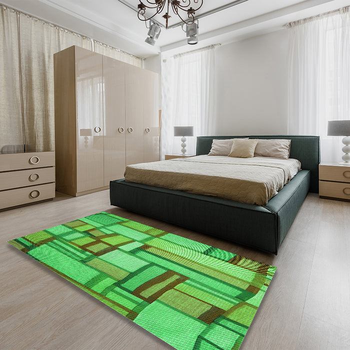 Patterned Dark Lime Green Rug in a Bedroom, pat775grn