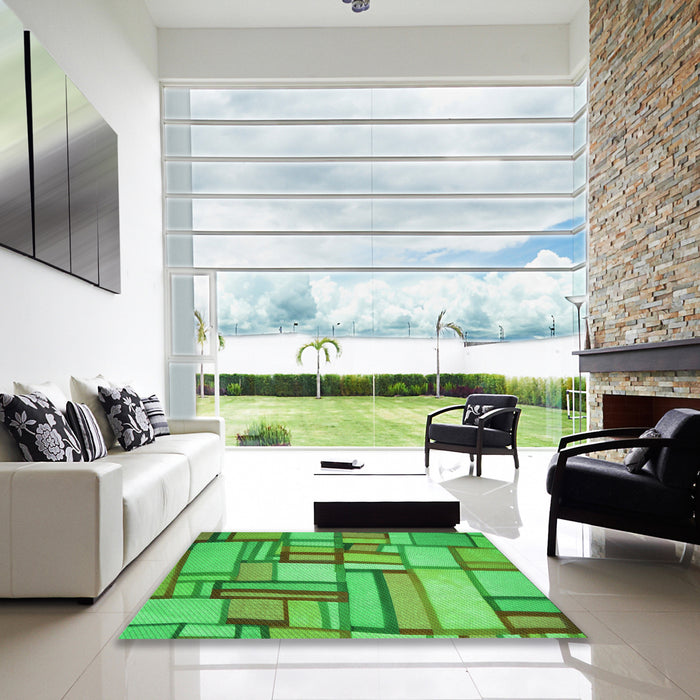 Square Patterned Dark Lime Green Rug in a Living Room, pat775grn