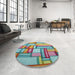 Round Machine Washable Transitional Blue Green Rug in a Office, wshpat775