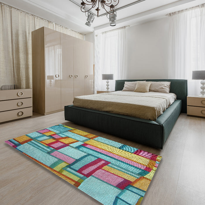 Patterned Blue Green Modern Rug in a Bedroom, pat775