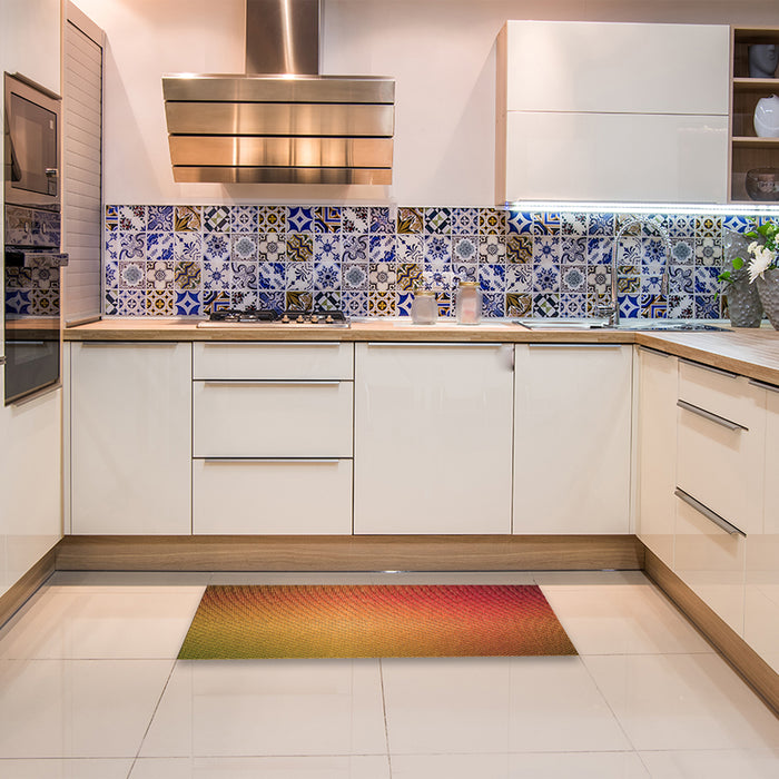 Patterned Neon Orange Rug in a Kitchen, pat783org