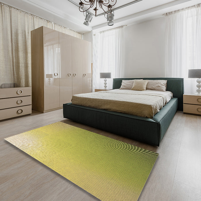 Patterned Dark Yellow Green Rug in a Bedroom, pat784brn
