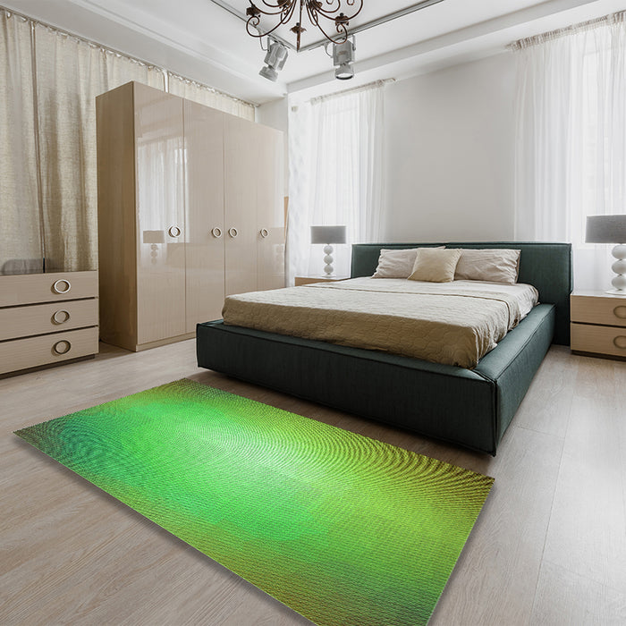 Patterned Dark Lime Green Rug in a Bedroom, pat790grn