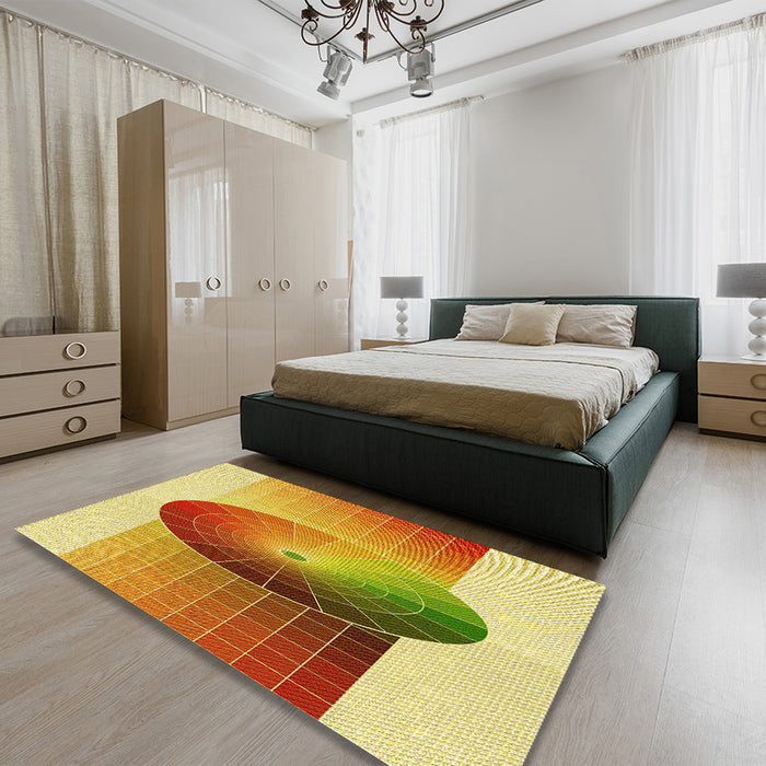 Patterned Chrome Gold Yellow Rug in a Bedroom, pat797yw