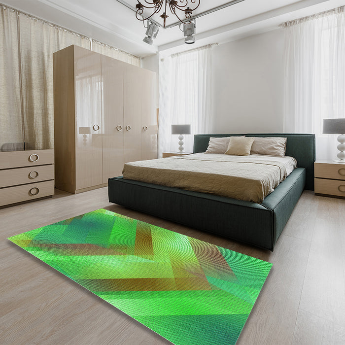 Patterned Dark Lime Green Rug in a Bedroom, pat798grn