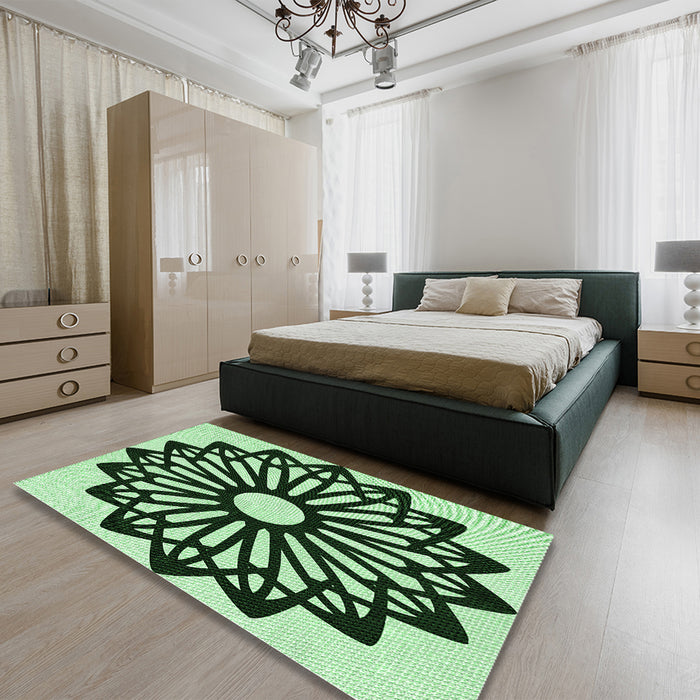 Patterned Dark Forest Green Rug in a Bedroom, pat8grn