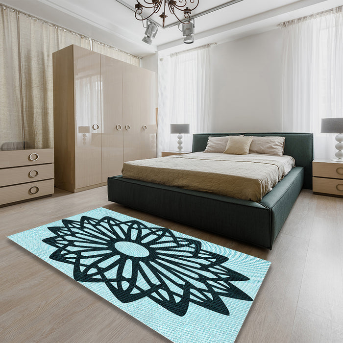 Patterned Deep-Sea Blue Rug in a Bedroom, pat8lblu
