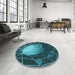 Round Patterned Dark Turquoise Green Rug in a Office, pat80lblu