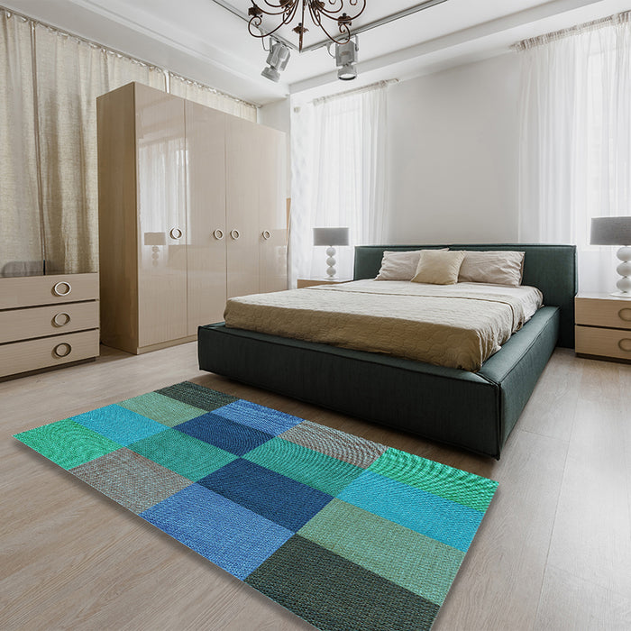 Patterned Dark Turquoise Green Rug in a Bedroom, pat802lblu
