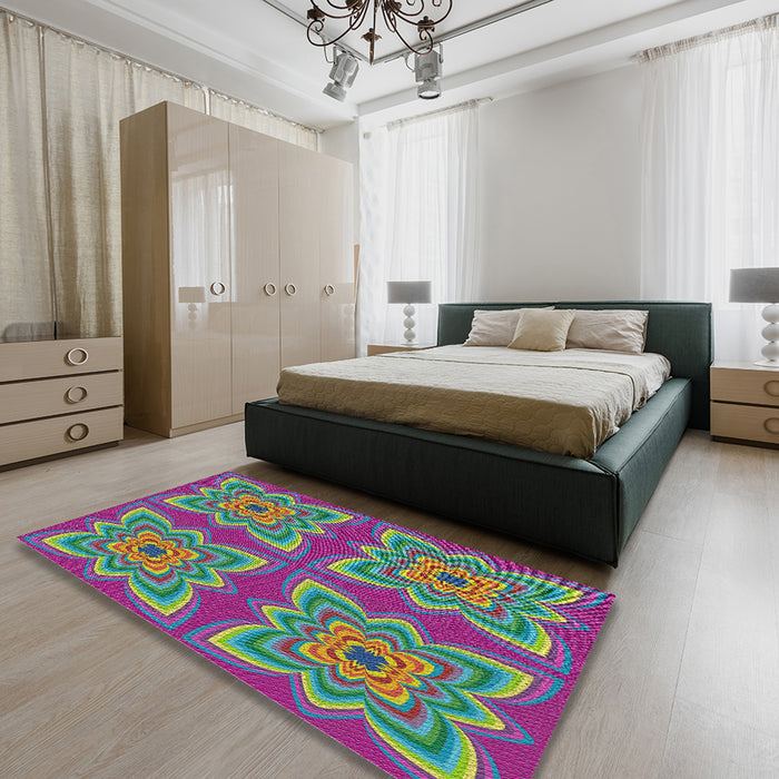 Patterned Emerald Green Novelty Rug in a Bedroom, pat804