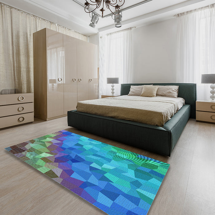 Patterned Dark Turquoise Green Rug in a Bedroom, pat817lblu