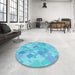 Round Patterned Bright Turquoise Blue Rug in a Office, pat818lblu