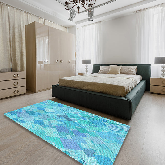 Patterned Bright Turquoise Blue Rug in a Bedroom, pat818lblu